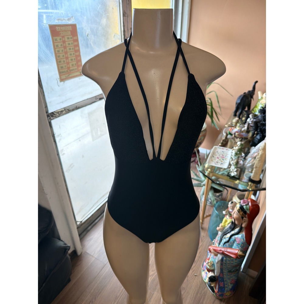 Black Glitter Plunge One Piece‎ Swimsuit Multi-Strap Back Bodysuit Medium